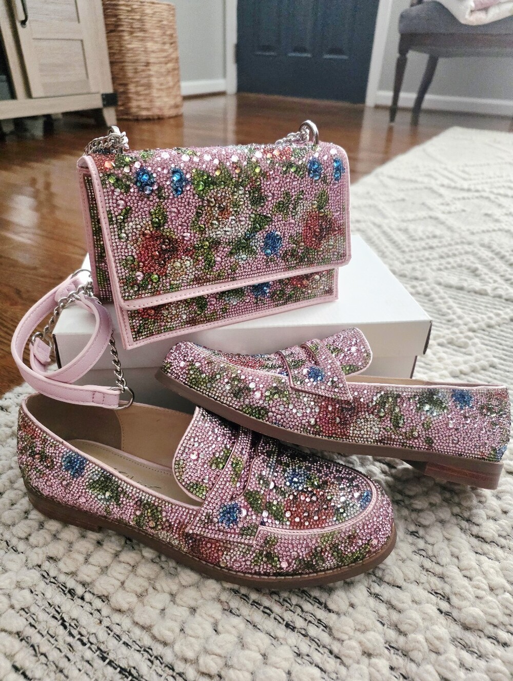 Betsey Johnson Pink Crystal Floral Loafers with Matching Bag